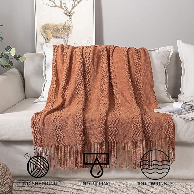 MIULEE Fall Orange Knitted Throw Blanket for Couch Boho Terracotta Rust Textured Cozy Woven Blanket with Tassels for Sofa Chair Bed Living Room Acrylic Wave Pattern 60"x80"