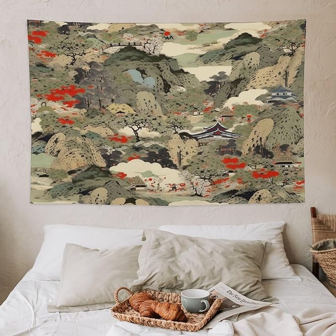 Asian Tapestry,Japanese Red Landscape Asian Watercolor Abstract Art Tapestry, Asian Japanese Wall Tapestry, Nature Landscape Tapestries for Bedroom Living Room Decor 60"x40"