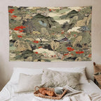 Asian Tapestry,Japanese Red Landscape Asian Watercolor Abstract Art Tapestry, Asian Japanese Wall Tapestry, Nature Landscape Tapestries for Bedroom Living Room Decor 60"x40"