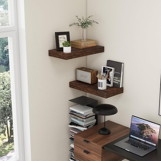 Deep Floating Shelves, 12 Inch Deep Rustic Floating Shelves Set of 2, 24 Inch Large Wall Mounted Wood Shelves for Books Laundry Room Living Room Bedroom Kitchen Home Office - Rustic Brown