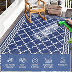 GAOMON Outdoor Plastic Straw Rug, 10'x14' Reversible Sage Green Patio Mat, Flower Modern Design for RV, Backyard, Deck, Camping, Picnic, Navy/White(Geometric)