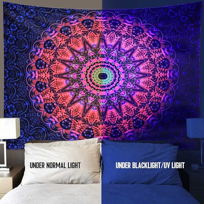 ADDWel Blacklight Mandala Boho Tapestry Glow In The Dark, Black Light Bohemian Hippie Poster Wall Hanging for Bedroom Aesthetic Wall and Room Decor (60" x 80", Mandala)