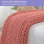 Bigacogo Chunky Knit Throw Blanket for Couch, 40x80 inches, 100% Hand Knitted with Thick Jumbo Chenille Yarn, Cozy Soft Large Rope Knot Cable Crochet Blankets for Sofa Bed Living Room, Antique Red