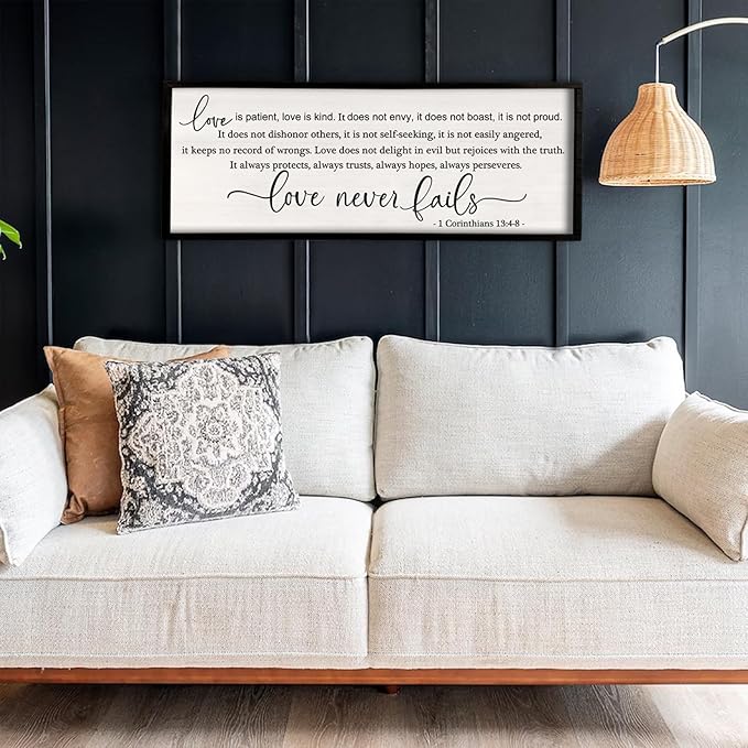 flowtorely Love is Patient, Kind Wall Art Decor 40"X15" Love Never Fails Sign 1 Corinthians 13 Bedroom Above Bed Large Bible Verse Quote Scripture Christianity Hanging Sign (Black)