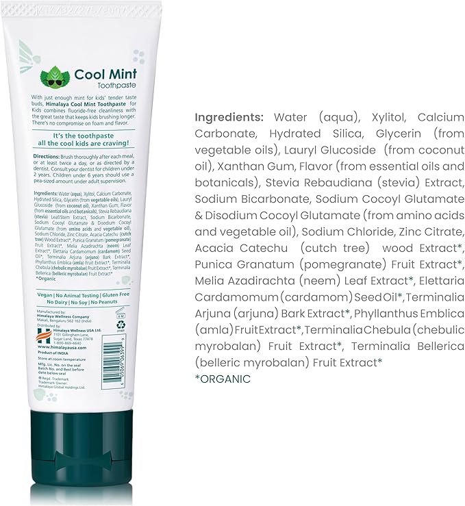 Himalaya Botanique Kids Toothpaste, Herbal, Cool Mint Flavor, Fights Plaque, Fluoride & SLS Free, Gentle, No Artificial Colors, Gluten & Cruelty Free, Vegan, Foaming, 4 Oz, 2 Pack