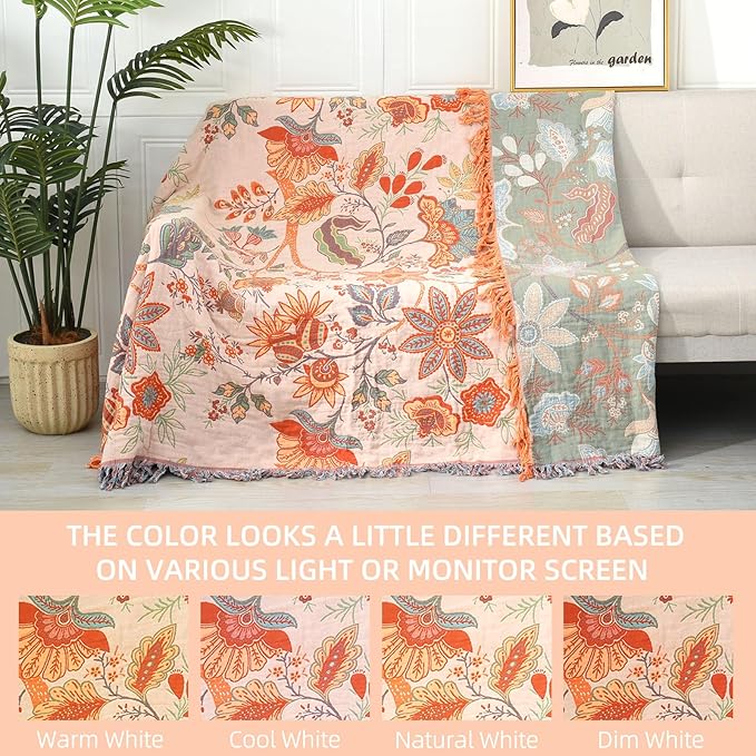 Boho Throw Blanket for Bed - 100% Pure Cotton Ultra Soft Rustic Quilt - Farmhouse Decor Bed Blankets, All Season Rustic Throw for Sofa Couch Chair(80''x 90'', Floral)