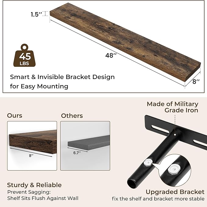 RICHFOCUS 48Inch Floating Shelves for Wall 1 Pack Shelves for Bedroom|Kitchen|Bathroom Wall Mounted Rustic Wood Floating Shelf with Invisible Brackets for Books|Storage|Decor, Rustic Brown