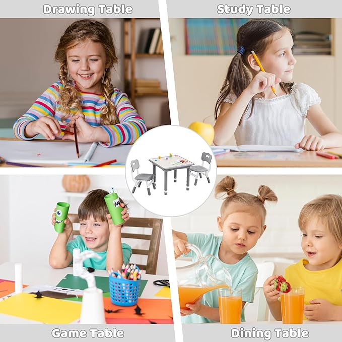 Kids Table and 2 Chairs Set, Height Adjustable (17.7"-26.1") Toddler Table and Chair Set, Multi-Activity Table with Graffiti Desktop, Children’s Table and Chairs for Classroom, Home & Daycare