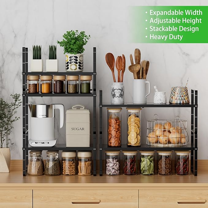 Expandable Cabinet Storage Shelf Stackable Organizer Rack for Kitchen Bathroom Pantry Spice Cupboard Countertop Home Office Desk Heavy Duty Nonslip Black Large 3 Pack
