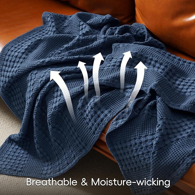 PHF 100% Cotton Waffle Weave Blanket Queen Size, Soft Lightweight Breathable Cozy Summer Blankets for Bed, Luxury Aesthetic Woven Bedding for Home Decor, 90"x90", Bright Navy Blue