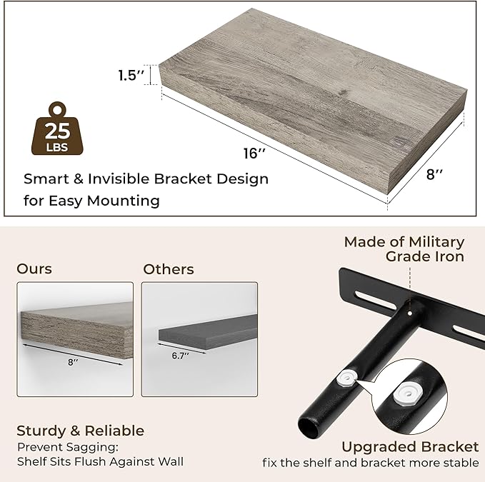 RICHFOCUS 16Inch Floating Shelves for Wall 2 Pack Shelves for Bedroom|Kitchen|Bathroom Wall Mounted Rustic Wood Floating Shelf with Invisible Brackets for Books|Storage|Decor, Grey