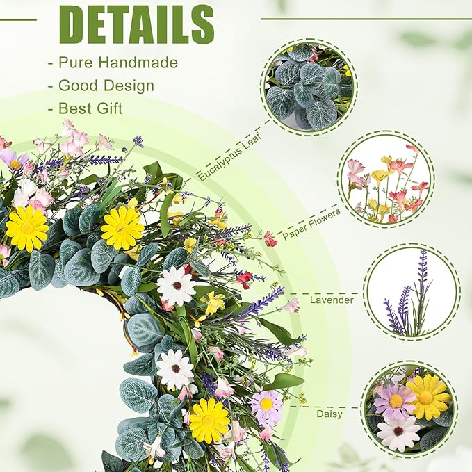 Artgar Spring Wreaths for Front Door, 24 Inch Daisy Wreath, Artificial Spring Summer Wreath with Eucalyptus Leaves Paper Flowers for Indoor Outdoor Home Door Window Wall Wedding Decor