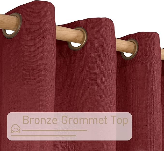 LAMIT 95 inch Linen Curtains for Living Room, Burgundy Red Bronze Grommet Christmas Panels Light Filtering Semi Sheer Drapes for Bedroom/Dining Hall, 2 Panels Set, 52 x 95 Inch