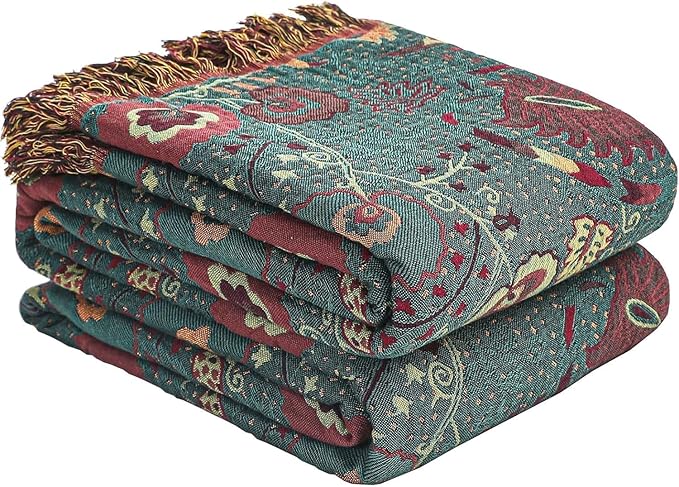 Boho Fall Throw Blanket for Bed，100% Ultra Cotton Soft Breathable Bed Throw Floral Printed Farmhouse Decor Rustic Bed Throws for Couch Sofa Quilt 80" x 90"