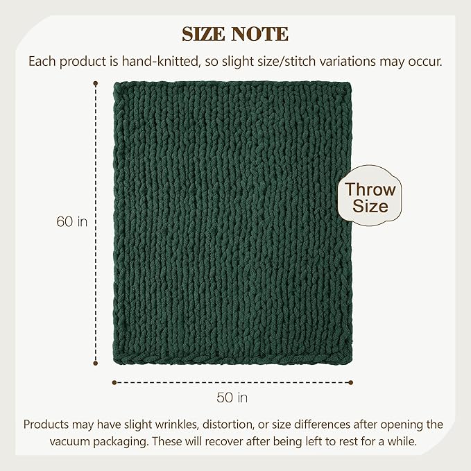 Carriediosa Chunky Knit Throw Blanket 50" X 60", 100% Hand Made Large Chenille Loop Yarn Soft Fluffy Throws for Couch Sofa Bed, Big Crochet Cozy Heavy Thick Cable Woven Blankets, Dark Green