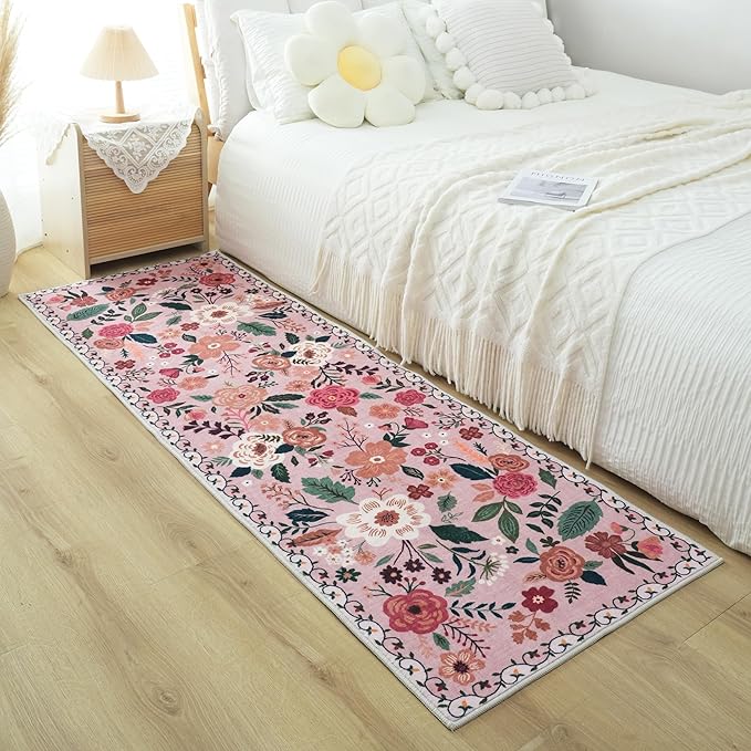 Runners for Hallways Kitchen Runner Rug Non Slip 2'x 10' Long Washable Rugs with Rubber Backing Soft Floral Carpet Runner for Hallways, Kitchen, Laundry, Bedroom, Bathroom(Pink)
