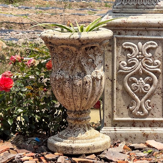 VISIBLE Vintage European Giant Garden Urn Planter, Decorative Cement and Fiber Flower Pot, Make Rust Finished, Wrap Foam Safely Delivered from Los Angeles (Vintage, Medium)