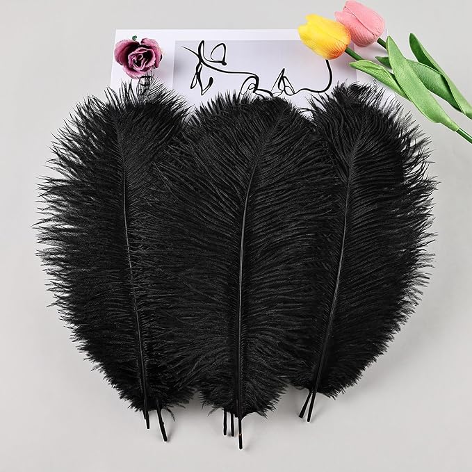 THARAHT Black Ostrich Feathers 24pcs Natural Bulk 8-10Inch 20cm-25cm for Crafts Wedding Party Centerpieces Halloween and Home Decoration Feathers