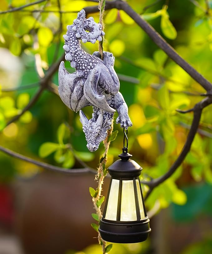 Solar Dragon Figurine Garden Statue: Outdoor Hanging Climbing Ornament with Lantern for Yard Art Lawn Balcony Patio Porch Decor- Birthday Gifts for Mom Women Father