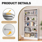 66" Tall Metal Bookcase, 5 Shelf White Bookcase with Adjustable Shelves, Large Bookshelves and Bookcases, Modern Book Shelf Storage Organizer for Living Room, Home Office, Library