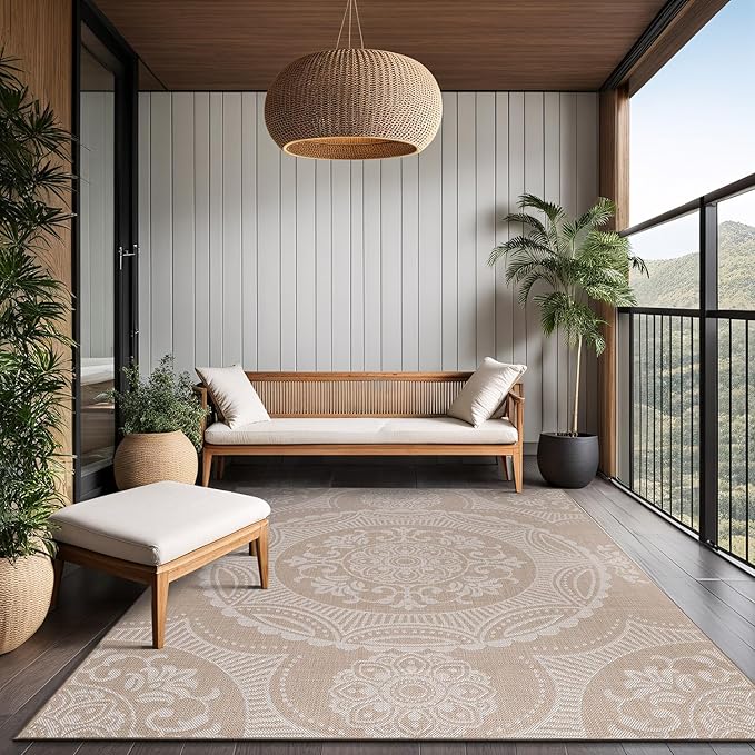 Medallion Outdoor Rug 9x12 Washable Outside Carpet for Indoor Patio Porch Waterproof Easy Cleaning Non Shedding Area Rugs Beige 9 x 12