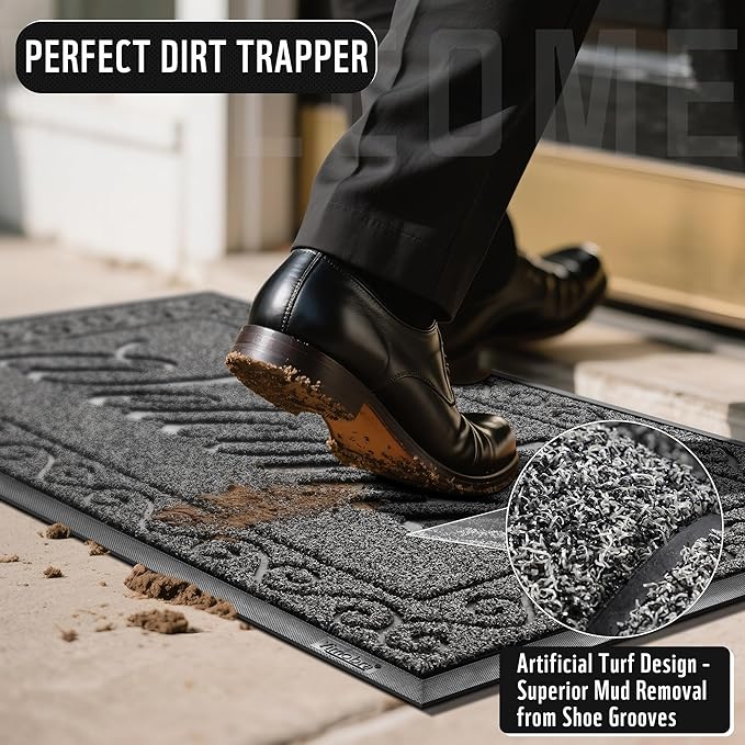 Yimobra Welcome Mat, Heavy Duty Sturdy Door Mats for Home Entrance Outdoor Indoor, Front Doormat for Outside Patio Floor Entry Porch Garage Office, Waterproof, Low Profile, 29.5 x 17, Black Grey