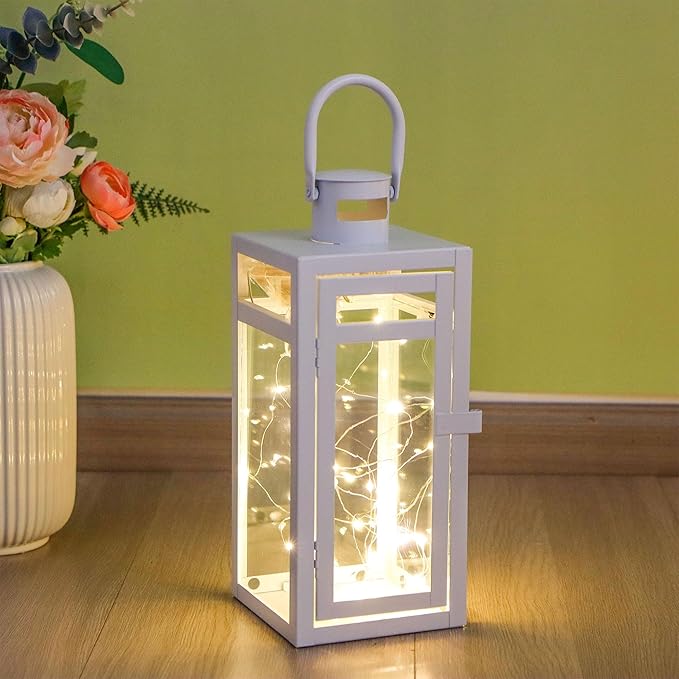TRIROCKS Stainless Steel Decorative Lantern 12'' High Metal Candle Holder with Clear Glass Panels Perfect for Home Decor Living Room Parties Events Tabletop Indoor Outdoor (White)