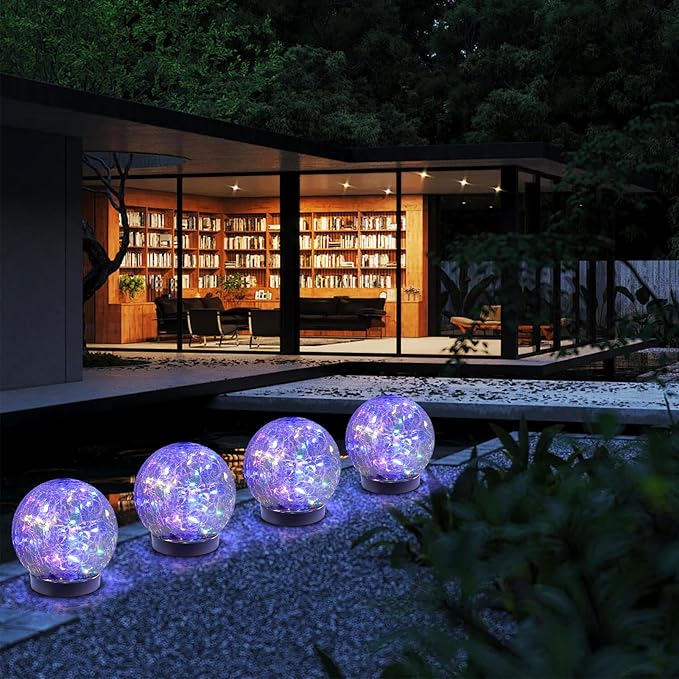 Solar Globe Lights Outdoor Waterproof-Solar Balls-Solar Garden Lights-Orbs for Outside 4 Pack Cracked Glass Ball for Lawn Patio Yard Backyard Decorations