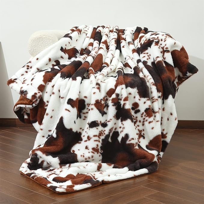 RYNGHIPY Lightweight Soft Cow Print Throw Blanket - Warm Coffee Throw for Baby Kids Girls Boys Adults (51''x63'')