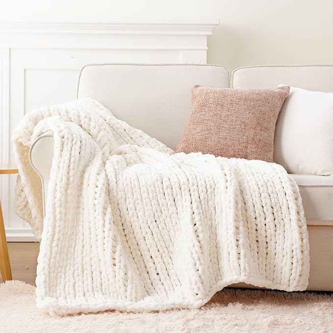 Battilo Chunky Knit Throw Blanket, Soft and Thick Chenille Throw Blanket, 50"x60" Handmade Cable Knit Crochet Blanket, Large Rope Knot Throw Blankets for Couch Sofa Bed Home Decor, Cream