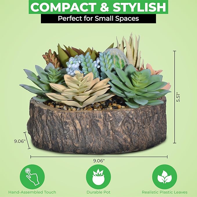 Premium Assorted Artificial Succulent Collection - Large Real Touch Artificial Cactus, Aloe Vera & Succulent Plants Artificial with Pots for Home Office Indoor (Artificial Tree Stump - Pot)