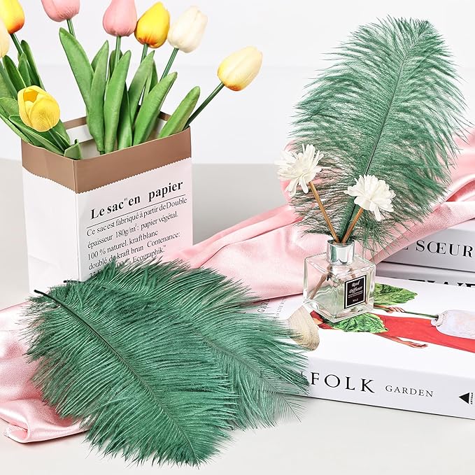 THARAHT Blackish Green Ostrich Feathers 24pcs Natural Bulk 8-10Inch 20cm-25cm for Crafts Wedding Party Centerpieces Mardi Gras Decoration Feather