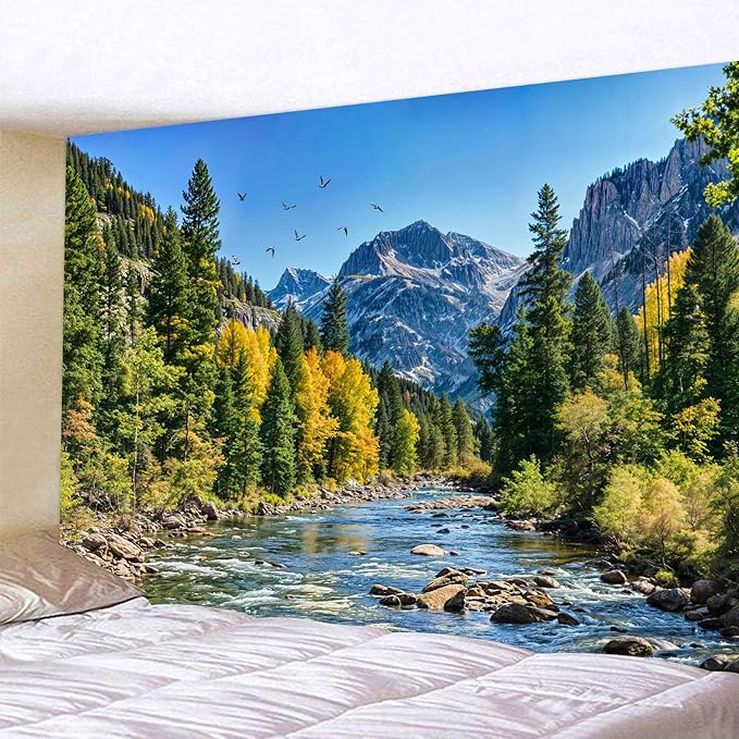 AMM Nature Forest Mountain Tapestry Green Pine Tree Tapestry for Bedroom Aesthetic Flowing River Landscape Tapestries Wall Hanging Bird Decor for Living Room Classroom Dorm Office