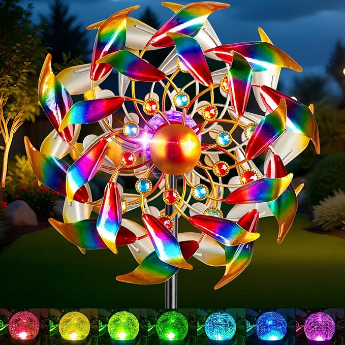 Solar Wind Spinners for Yard and Garden - 360° Metal Large Wind Sculptures Outdoor Clearance Kinetic Windmills with 4 Layer Jeweled Blades for Patio, Lawn Garden Decoration - 54Inch