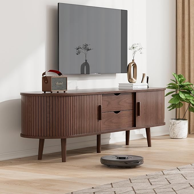 55" Mid Century TV Stand, Fluted TV Stand Fits 32" to 60" TVs. Wood Entertainment Center for Living Room, Farmhouse Modern TV and Media Console Table with Storage, Curved Edge and Sliding Door, Walnut