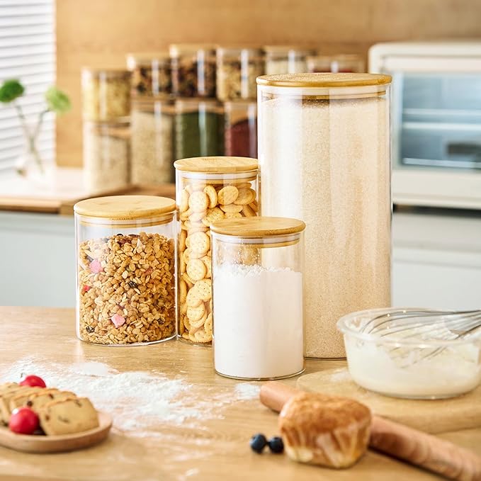 32oz & 21oz - 4 Pack Glass Jars with Bamboo Lids, Glass Pantry Storage Containers with Airtight Lids, Round Air Tigh Food Storage Canisters for Cereal, Pasta, Flour, Sugar, Best for Kitchen Organizer