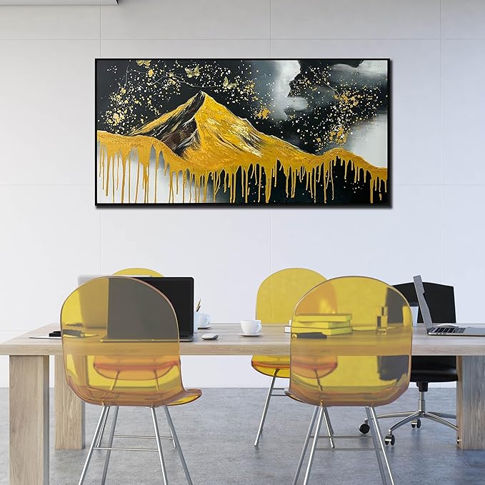 Gold Mountains Painted Wall Art for Living Room - Hand Painted Abstract Wall Art for Office - Black Framed Wall Art for Bedroom Size 29" x 59"