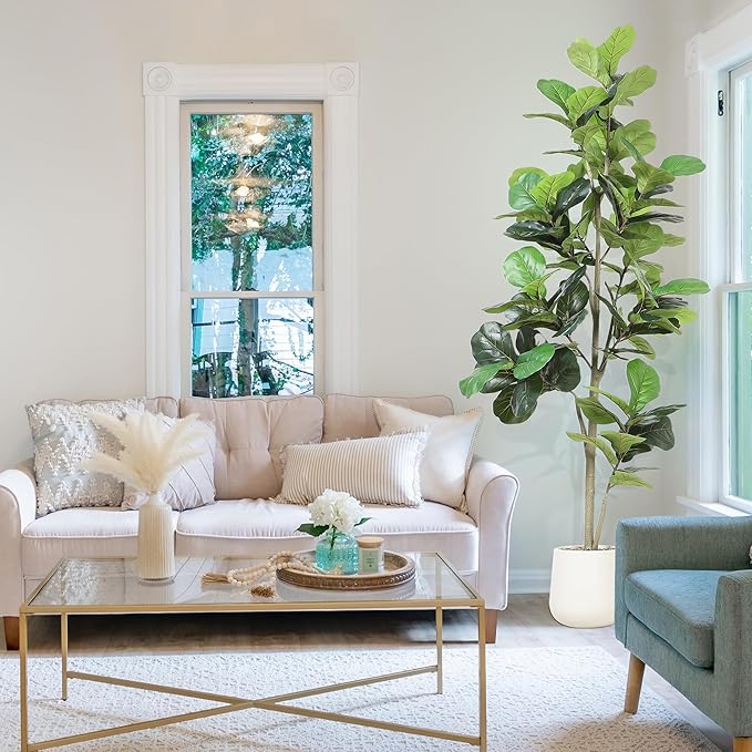 Artificial Fiddle Leaf Tree, 7ft Faux Plant Fake Ficus Lyrata Trees with White Planter, Artificial Fig Trees Floor Plants for House Office Living Room Indoor Home Decor, Housewarming Gift