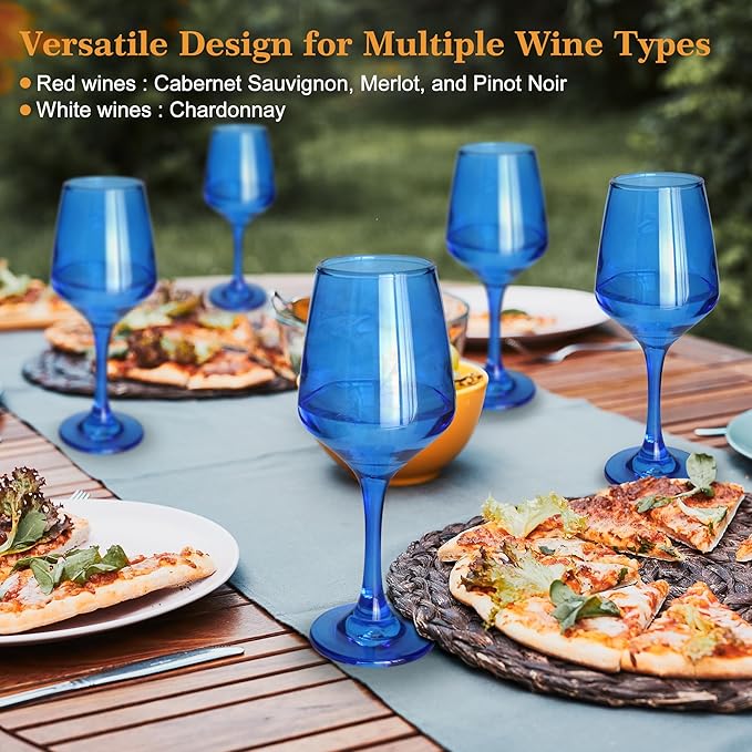 Blue Wine Glasses Set of 6-12oz Blue Long Stem Wine Glass Cups, Pretty Crystal Glassware, Hand Blown Goblets Drinkware, Unique Drinking Stemware Holiday Gift Set