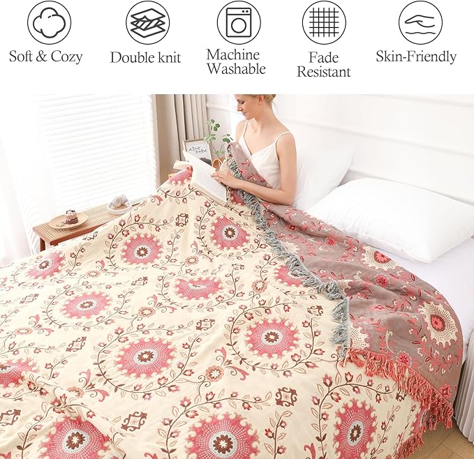 Snycler Boho Throw Blanket for Bed - 100% Cotton Ultra Soft Rustic Quilt - Pink Boho Floral Printed Farmhouse Decor Bed Blankets, 80"×90" All Season Rustic Throw for Sofa Couch Chair