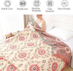 Snycler Boho Throw Blanket for Bed - 100% Cotton Ultra Soft Rustic Quilt - Pink Boho Floral Printed Farmhouse Decor Bed Blankets, 80"×90" All Season Rustic Throw for Sofa Couch Chair