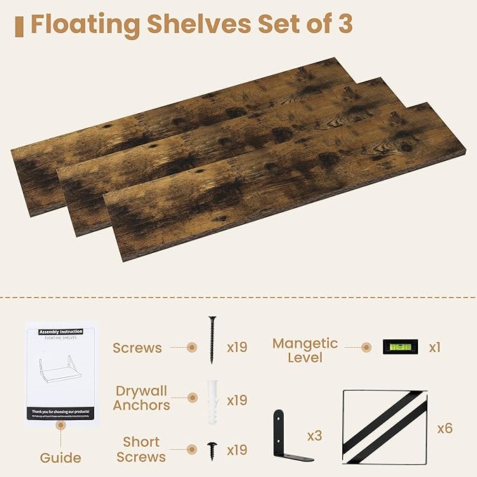 Heimlove 36 Inch Floating Bookshelves Set of 3,Heavy Duty Wall Mounted Bookshelves,Rustic Brown Wall Bookshelf for Living Room,Bedroom,Kitchen,Laundry Room Storage & Decor