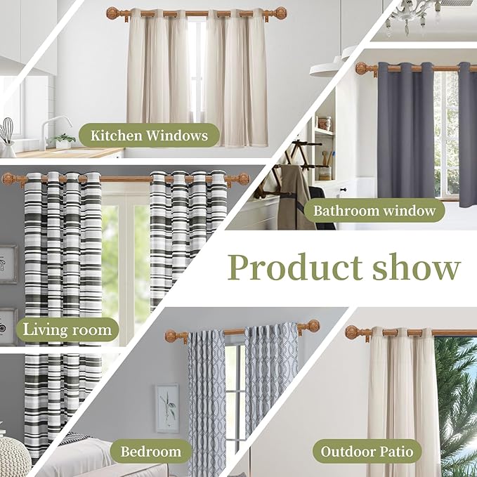 2 Pack Wood Curtain Rods for Windows 48 to 84 Inch(4-7ft),1 Inch Adjustable Curtain Rod,Heavy Duty Curtain Rods,Wooden Netted Texture Drapery Rods,Single Window Curtain Rod 36-88",Brown Wood