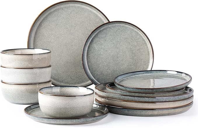 GBHOME Ceramic Dinnerware Sets for 4, 12 Pieces Stoneware Plates and Bowls Sets, Reactive Glaze Dishes -Scratch Resistant, Dishwasher&Microwave Safe, Green Wheat