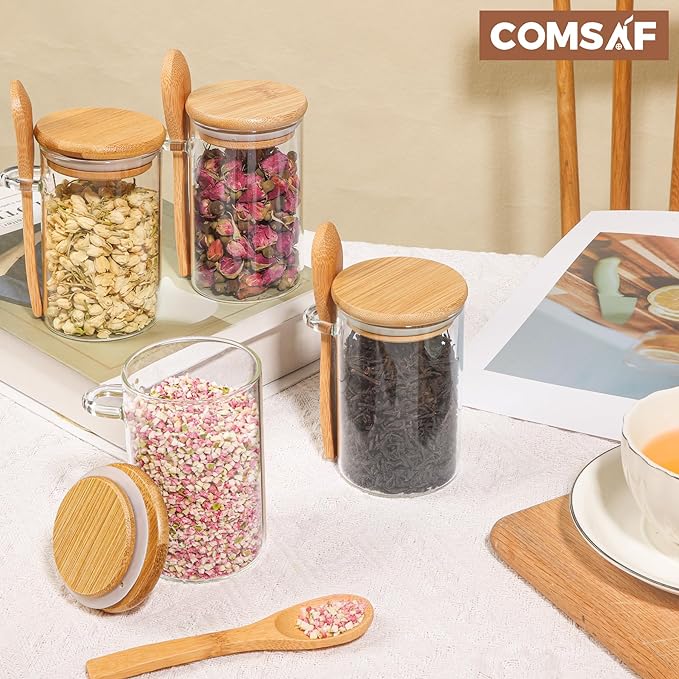 ComSaf 12 Pcs Glass Spice Jars and Spoons, 8oz Glass Containers with Bamboo Lids, Storage Containers with Airtight Lids with 275 Labels for Seasonings, Salt, Loose Leaf Tea Storage