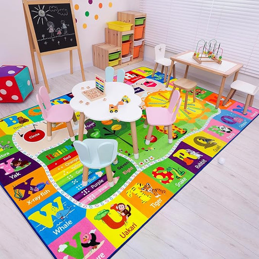 Kids Rugs for Playroom Washable, Educational and Fun Learning Rugs with ABC Alphabet Animals Shapes, Baby Toddler Children's Play Mat for Bedroom Classroom Nursery, 3x5 Feet