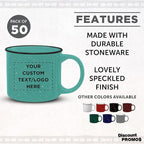 DISCOUNT PROMOS Custom Ceramic Campfire Coffee Mugs 13 oz. Set of 50, Personalized Bulk Pack - Perfect for Tea, Espresso, Cappuccino, Hot Cocoa - Mint