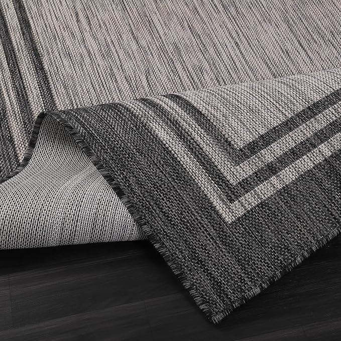 Bordered Outdoor Rug 10x14 Washable Outside Carpet for Indoor Patio Porch Waterproof Easy Cleaning Non Shedding Area Rugs Dark Gray 10 x 14