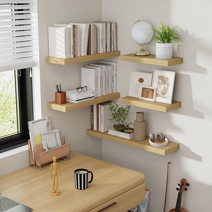 48 Inch Floating Shelves, 8 Inch Deep Floating Shelves for Wall, Hanging Shelf with Invisible Brackets, Deep Shelves for Bathroom, Bedroom, Living Room, Oak, Set of 1