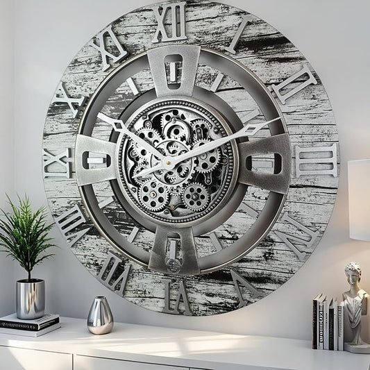 The Gears Clock 24'' Inch Real Moving Gear Wall Clock England Line (Grey & White, 24 inches (60 cm))